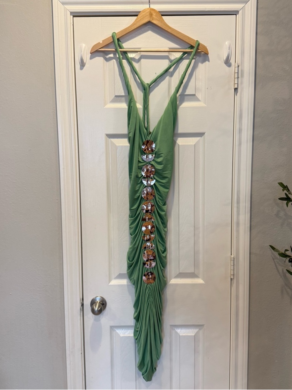 Cult Gaia Jalina Ruched Gold Detail Bodycon Green Midi Dress Size Small FLAW - Picture 4 of 11